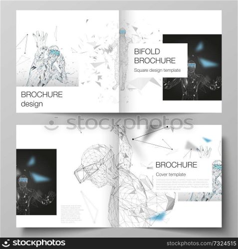 The vector illustration of the editable layout of two covers templates for square design bifold brochure, magazine, flyer. Man with glasses of virtual reality. Abstract vr, future technology concept. The vector illustration of the editable layout of two covers templates for square design bifold brochure, magazine, flyer. Man with glasses of virtual reality. Abstract vr, future technology concept.