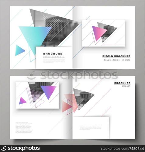 The vector illustration of the editable layout of two covers templates for square design bifold brochure, magazine, flyer, booklet. Colorful polygonal background with triangles with modern memphis pattern. The vector illustration of editable layout of two covers templates for square design bifold brochure, magazine, flyer, booklet. Colorful polygonal background with triangles with modern memphis pattern