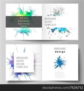 The vector illustration of the editable layout of two covers templates for square design bifold brochure, magazine, flyer, booklet. Colorful watercolor paint stains vector backgrounds. The vector illustration of the editable layout of two covers templates for square design bifold brochure, magazine, flyer, booklet. Colorful watercolor paint stains vector backgrounds.