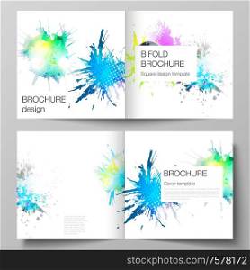The vector illustration of the editable layout of two covers templates for square design bifold brochure, magazine, flyer, booklet. Colorful watercolor paint stains vector backgrounds. The vector illustration of the editable layout of two covers templates for square design bifold brochure, magazine, flyer, booklet. Colorful watercolor paint stains vector backgrounds.