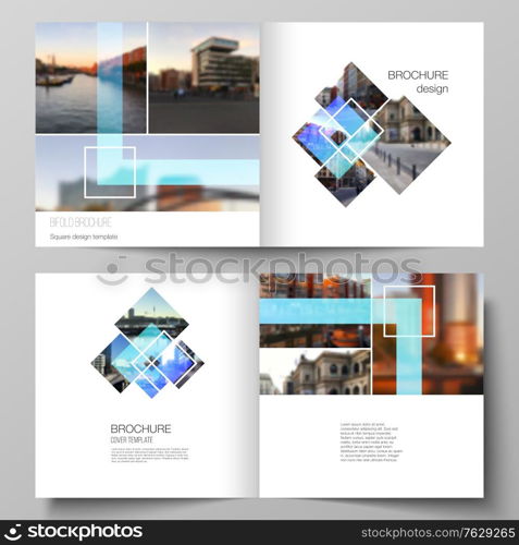 The vector illustration of the editable layout of two covers templates for square design bifold brochure, magazine, flyer, booklet. Creative trendy style mockups, blue color trendy design backgrounds. The vector illustration of the editable layout of two covers templates for square design bifold brochure, magazine, flyer, booklet. Creative trendy style mockups, blue color trendy design backgrounds.