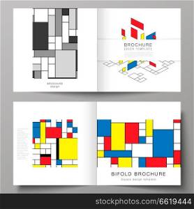 The vector illustration of two covers templates for square design bifold brochure, magazine, flyer, booklet. Abstract polygonal background, colorful mosaic pattern, retro bauhaus de stijl design. The vector illustration of two covers templates for square design bifold brochure, magazine, flyer, booklet. Abstract polygonal background, colorful mosaic pattern, retro bauhaus de stijl design.