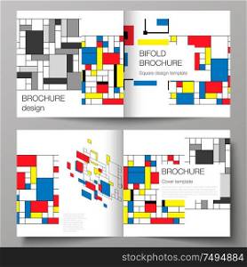 The vector illustration of two covers templates for square design bifold brochure, magazine, flyer, booklet. Abstract polygonal background, colorful mosaic pattern, retro bauhaus de stijl design. The vector illustration of two covers templates for square design bifold brochure, magazine, flyer, booklet. Abstract polygonal background, colorful mosaic pattern, retro bauhaus de stijl design.