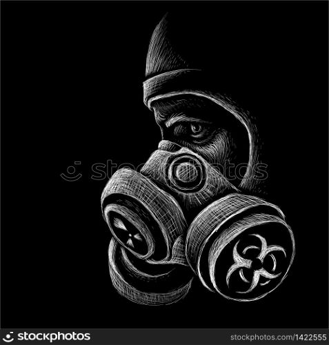 The Vector la person in a respirator with a pelvic mask during a bacteriological or chemical threat for tattoo or T-shirt design or outwear. This hand drawing would be nice to make on the black fabric or canvas. The Vector la person in a respirator with a pelvic mask during a bacteriological or chemical threat for tattoo or T-shirt design or outwear. This hand drawing would be nice to make on the black fabric or canvas.
