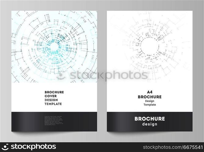 The vector layout of A4 format cover mockups design templates for brochure, flyer, booklet, report. Network connection concept with connecting lines and dots. Technology design, geometric background. The vector layout of A4 format cover mockups design templates for brochure, flyer, booklet, report. Network connection concept with connecting lines and dots. Technology design, geometric background.