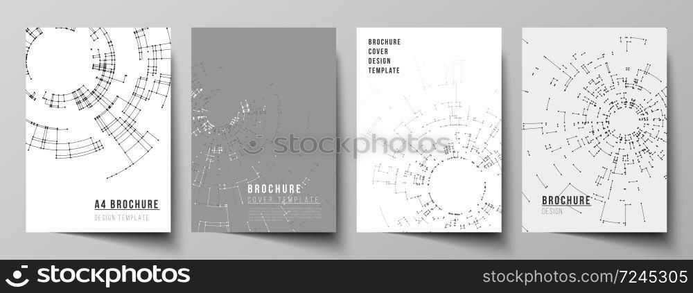 The vector layout of A4 format cover mockups design templates for brochure, flyer, booklet, report. Network connection concept with connecting lines and dots. Technology design, geometric background.. The vector layout of A4 format cover mockups design templates for brochure, flyer, booklet, report. Network connection concept with connecting lines and dots. Technology design, geometric background