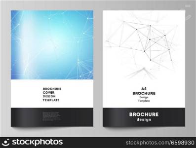 The vector layout of A4 format cover mockups design templates for brochure, flyer, report. Technology, science, medical concept. Molecule structure, connecting lines and dots. Futuristic background.. The vector layout of A4 format cover mockups design templates for brochure, flyer, report. Technology, science, medical concept. Molecule structure, connecting lines and dots. Futuristic background