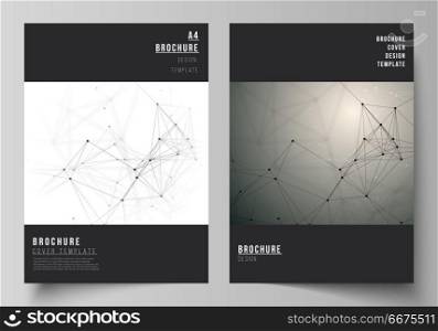 The vector layout of A4 format cover mockups design templates for brochure, flyer, report. Technology, science, medical concept. Molecule structure, connecting lines and dots. Futuristic background. The vector layout of A4 format cover mockups design templates for brochure, flyer, report. Technology, science, medical concept. Molecule structure, connecting lines and dots. Futuristic background.
