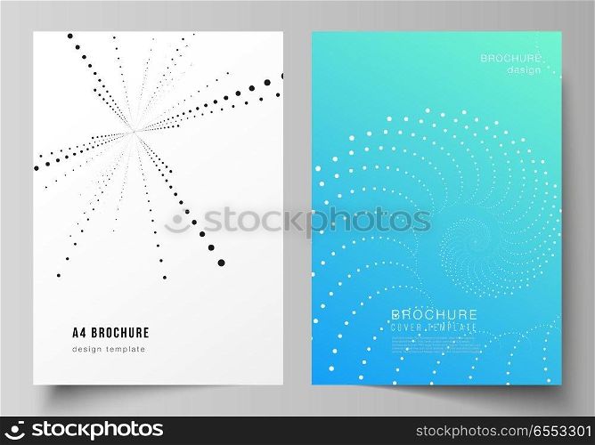 The vector layout of A4 format modern cover mockups design templates for brochure, magazine, flyer, booklet, annual report. Geometric technology background. Abstract monochrome vortex trail. The vector layout of A4 format modern cover mockups design templates for brochure, magazine, flyer, booklet, annual report. Geometric technology background. Abstract monochrome vortex trail.