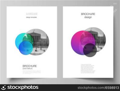 The vector layout of A4 format modern cover mockups design templates for brochure, magazine, flyer, booklet, annual report. Creative modern bright background with colorful circles and round shapes.. The vector layout of A4 format modern cover mockups design templates for brochure, magazine, flyer, booklet, annual report. Creative modern bright background with colorful circles and round shapes