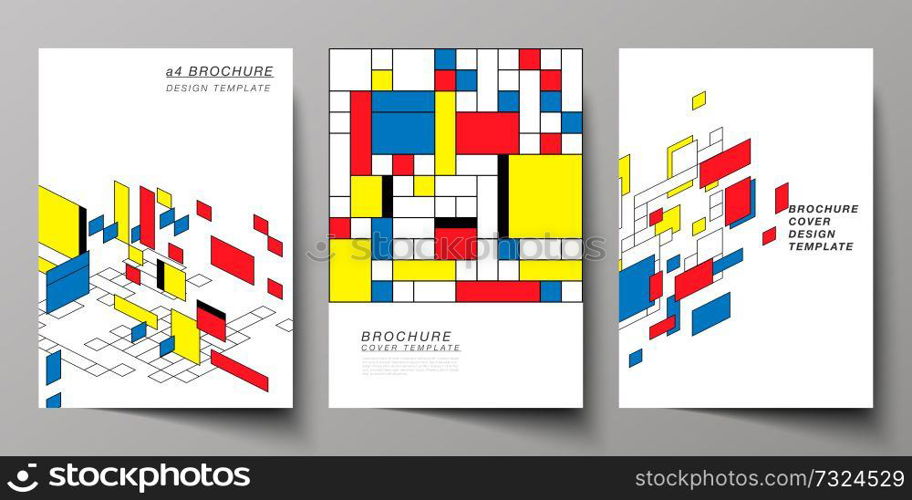 The vector layout of A4 format modern cover mockups design templates for brochure, flyer, booklet, annual report. Abstract polygonal background, colorful mosaic pattern, retro bauhaus de stijl design. The vector layout of A4 format modern cover mockups design templates for brochure, flyer, booklet, annual report. Abstract polygonal background, colorful mosaic pattern, retro bauhaus de stijl design.