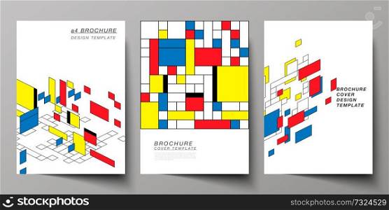The vector layout of A4 format modern cover mockups design templates for brochure, flyer, booklet, annual report. Abstract polygonal background, colorful mosaic pattern, retro bauhaus de stijl design. The vector layout of A4 format modern cover mockups design templates for brochure, flyer, booklet, annual report. Abstract polygonal background, colorful mosaic pattern, retro bauhaus de stijl design.