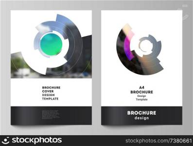 The vector layout of A4 format modern cover mockups design templates for brochure, magazine, flyer, annual report. Futuristic design circular pattern, circle elements forming geometric frame for photo. The vector layout of A4 format modern cover mockups design templates for brochure, magazine, flyer, report. Futuristic design circular pattern, circle elements forming geometric frame for photo.