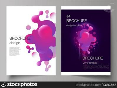 The vector layout of A4 format modern cover mockups design templates for brochure, magazine, flyer, booklet, annual report. Black background with fluid gradient, liquid pink colored geometric element. The vector layout of A4 format modern cover mockups design templates for brochure, magazine, flyer, booklet, annual report. Black background with fluid gradient, liquid pink colored geometric element.