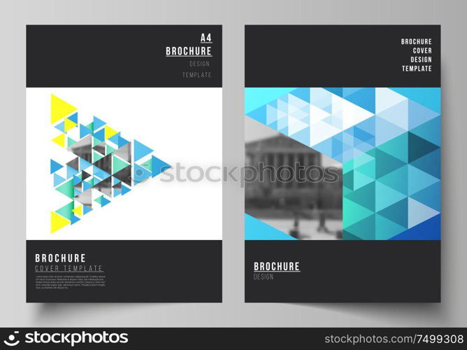 The vector layout of A4 format modern cover mockups design templates for brochure, magazine, flyer, booklet, annual report. Blue color polygonal background with triangles, colorful mosaic pattern. The vector layout of A4 format modern cover mockups design templates for brochure, magazine, flyer, booklet, annual report. Blue color polygonal background with triangles, colorful mosaic pattern.