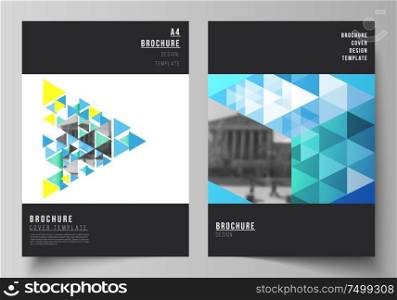 The vector layout of A4 format modern cover mockups design templates for brochure, magazine, flyer, booklet, annual report. Blue color polygonal background with triangles, colorful mosaic pattern. The vector layout of A4 format modern cover mockups design templates for brochure, magazine, flyer, booklet, annual report. Blue color polygonal background with triangles, colorful mosaic pattern.