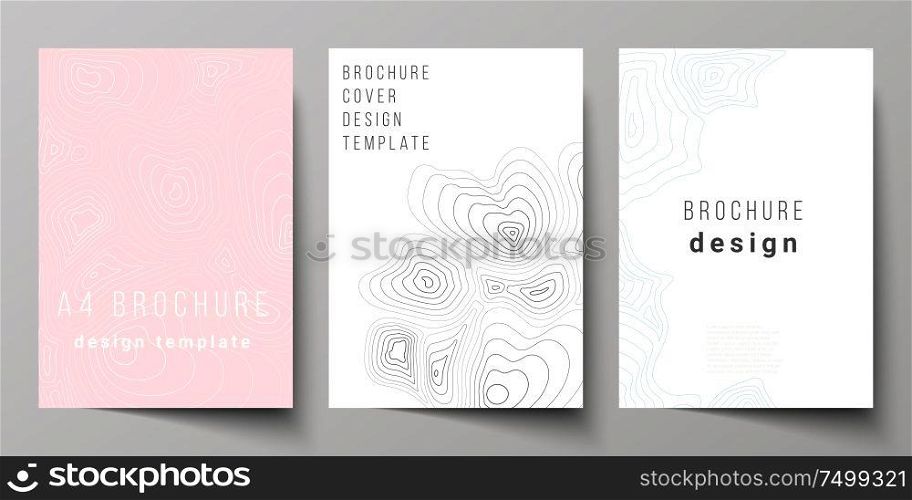 The vector layout of A4 format modern cover mockups design templates for brochure, magazine, flyer, booklet, annual report. Topographic contour map, abstract monochrome background. The vector layout of A4 format modern cover mockups design templates for brochure, magazine, flyer, booklet, annual report. Topographic contour map, abstract monochrome background.
