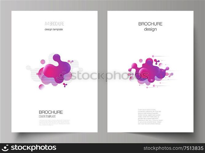 The vector layout of A4 format modern cover mockups design templates for brochure, magazine, flyer, booklet, annual report. Background with fluid gradient, liquid pink colored geometric element. The vector layout of A4 format modern cover mockups design templates for brochure, magazine, flyer, booklet, annual report. Background with fluid gradient, liquid pink colored geometric element.