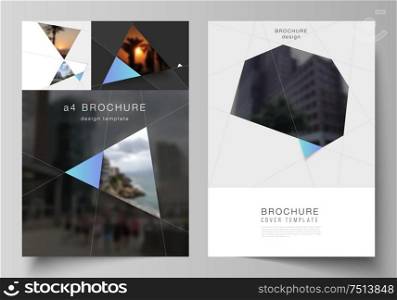 The vector layout of A4 format modern cover mockups design templates for brochure, magazine, flyer, booklet, report. Creative modern background with blue triangles and triangular shapes. Simple design.. The vector layout of A4 format modern cover mockups design templates for brochure, magazine, flyer, booklet, report. Creative modern background with blue triangles and triangular shapes. Simple design
