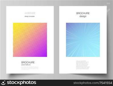 The vector layout of A4 format modern cover mockups design templates for brochure, magazine, flyer, booklet, annual report. Abstract geometric pattern with colorful gradient business background. The vector layout of A4 format modern cover mockups design templates for brochure, magazine, flyer, booklet, annual report. Abstract geometric pattern with colorful gradient business background.