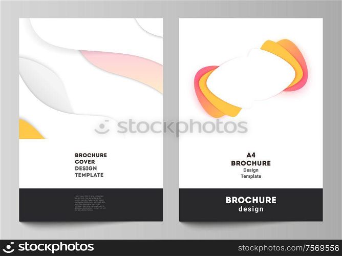 The vector layout of A4 format modern cover mockups design templates for brochure, magazine, flyer, booklet, report. Yellow color gradient abstract dynamic shapes, colorful geometric template design. Vector layout of A4 format modern cover mockups design templates for brochure, magazine, flyer, booklet, report. Yellow color gradient abstract dynamic shapes, colorful geometric template design.