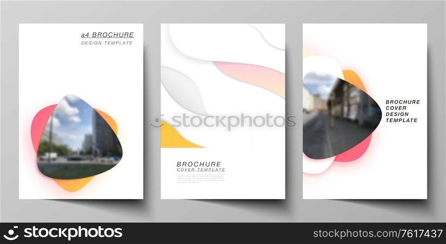 The vector layout of A4 format modern cover mockups design templates for brochure, magazine, flyer, booklet, report. Yellow color gradient abstract dynamic shapes, colorful geometric template design. Vector layout of A4 format modern cover mockups design templates for brochure, magazine, flyer, booklet, report. Yellow color gradient abstract dynamic shapes, colorful geometric template design.