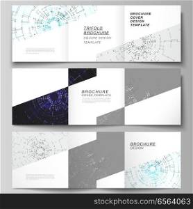 The vector layout of covers design templates for trifold square brochure or flyer. Network connection concept with connecting lines and dots. Technology design, digital geometric background. The vector layout of covers design templates for trifold square brochure or flyer. Network connection concept with connecting lines and dots. Technology design, digital geometric background.