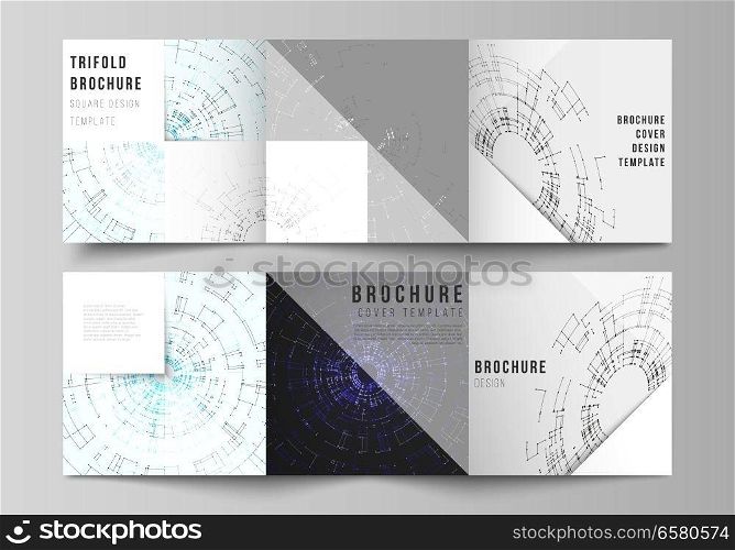 The vector layout of covers design templates for trifold square brochure or flyer. Network connection concept with connecting lines and dots. Technology design, digital geometric background. The vector layout of covers design templates for trifold square brochure or flyer. Network connection concept with connecting lines and dots. Technology design, digital geometric background.