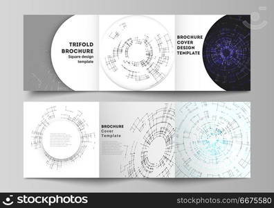 The vector layout of covers design templates for trifold square brochure or flyer. Network connection concept with connecting lines and dots. Technology design, digital geometric background.. The vector layout of covers design templates for trifold square brochure or flyer. Network connection concept with connecting lines and dots. Technology design, digital geometric background