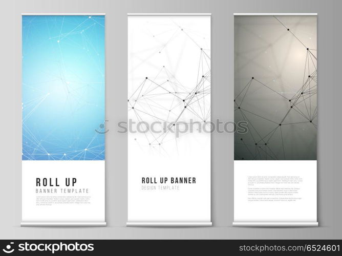 The vector layout of roll up banner stands, vertical flyers, flags design business templates. Technology, science, medical concept. Molecule structure, connecting lines and dots. Futuristic background. The vector layout of roll up banner stands, vertical flyers, flags design business templates. Technology, science, medical concept. Molecule structure, connecting lines and dots. Futuristic background.