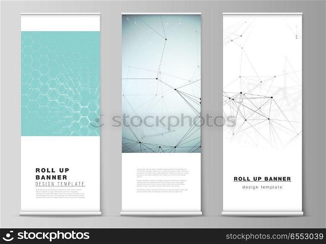 The vector layout of roll up banner stands, vertical flyers, flags design business templates. Technology, science, medical concept. Molecule structure, connecting lines and dots. Futuristic background.. The vector layout of roll up banner stands, vertical flyers, flags design business templates. Technology, science, medical concept. Molecule structure, connecting lines and dots. Futuristic background