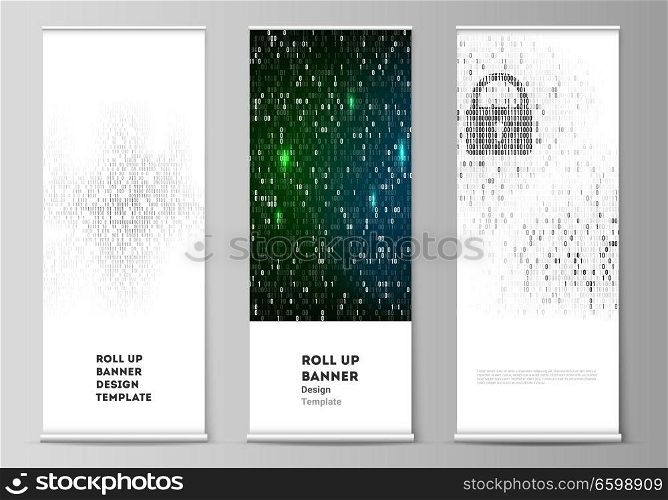 The vector layout of roll up banner stands, vertical flyers, flags design business templates. Binary code background. AI, big data, coding or hacker concept, digital technology background. The vector layout of roll up banner stands, vertical flyers, flags design business templates. Binary code background. AI, big data, coding or hacker concept, digital technology background.