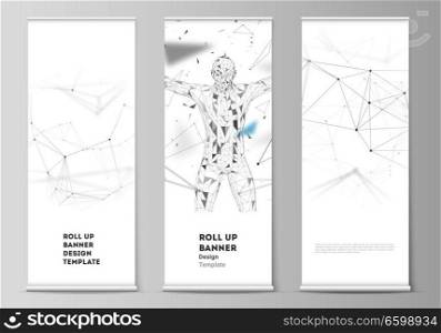 The vector layout of roll up banner stands, vertical flyers, flags design business templates. Technology, science, medical concept. Molecule structure, connecting lines and dots. Futuristic background.. The vector layout of roll up banner stands, vertical flyers, flags design business templates. Technology, science, medical concept. Molecule structure, connecting lines and dots. Futuristic background