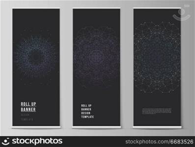 The vector layout of roll up banner stands, vertical flyers, flags design business templates. Big Data Visualization, geometric communication background with connected lines and dots. The vector layout of roll up banner stands, vertical flyers, flags design business templates. Big Data Visualization, geometric communication background with connected lines and dots.