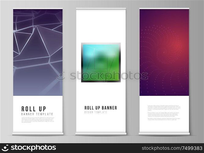 The vector layout of roll up banner stands, vertical flyers, flags design business templates. 3d polygonal geometric modern design abstract background. Science or technology vector illustration. The vector layout of roll up banner stands, vertical flyers, flags design business templates. 3d polygonal geometric modern design abstract background. Science or technology vector illustration.
