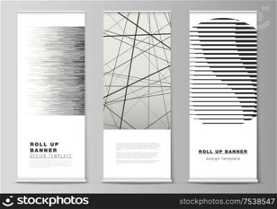 The vector layout of roll up banner stands, vertical flyers, flags design business templates. Geometric abstract background, futuristic science and technology concept for minimalistic design. The vector layout of roll up banner stands, vertical flyers, flags design business templates. Geometric abstract background, futuristic science and technology concept for minimalistic design.