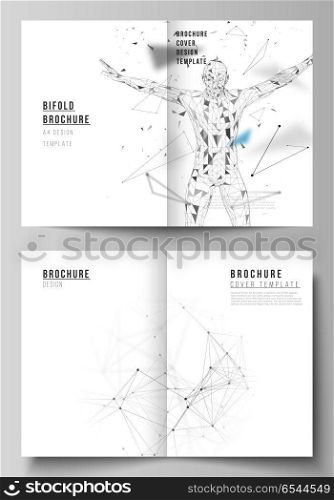 The vector layout of two A4 format cover mockups design templates for bifold brochure, flyer, report. Technology, science concept. Molecule structure, connecting lines and dots. Futuristic background. The vector layout of two A4 format cover mockups design templates for bifold brochure, flyer, report. Technology, science concept. Molecule structure, connecting lines and dots. Futuristic background.