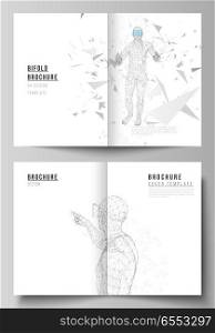 The vector layout of two A4 format cover mockups design templates for bifold brochure, magazine, flyer, booklet, report. Man with glasses of virtual reality. Abstract vr, future technology concept. The vector layout of two A4 format cover mockups design templates for bifold brochure, magazine, flyer, booklet, report. Man with glasses of virtual reality. Abstract vr, future technology concept.