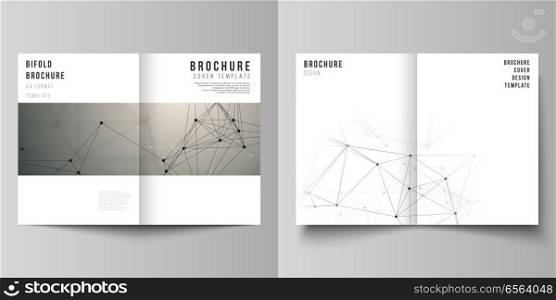 The vector layout of two A4 format cover mockups design templates for bifold brochure, flyer, report. Technology, science concept. Molecule structure, connecting lines and dots. Futuristic background.. The vector layout of two A4 format cover mockups design templates for bifold brochure, flyer, report. Technology, science concept. Molecule structure, connecting lines and dots. Futuristic background