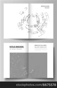 The vector layout of two A4 format cover mockups design templates for bifold brochure, flyer, booklet, report. Network connection concept with connecting lines and dots. Technology design background.. The vector layout of two A4 format cover mockups design templates for bifold brochure, flyer, booklet, report. Network connection concept with connecting lines and dots. Technology design background