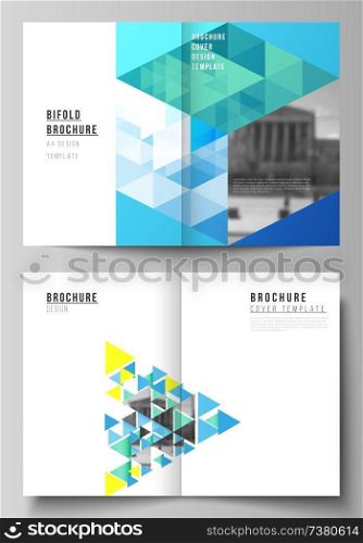 The vector layout of two A4 format cover mockups design templates for bifold brochure, magazine, flyer, booklet, annual report. Blue color polygonal background with triangles, colorful mosaic pattern. The vector layout of two A4 format cover mockups design templates for bifold brochure, magazine, flyer, booklet, annual report. Blue color polygonal background with triangles, colorful mosaic pattern.
