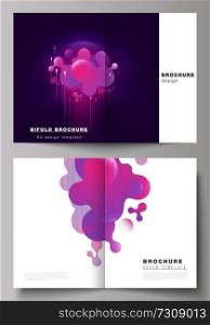 The vector layout of two A4 format modern cover mockups design templates for bifold brochure, flyer, booklet, annual report. Black background with fluid gradient, liquid pink colored geometric element. The vector layout of two A4 format modern cover mockups design templates for bifold brochure, flyer, booklet, report. Black background with fluid gradient, liquid pink colored geometric element.