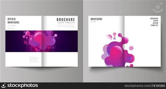 The vector layout of two A4 format modern cover mockups design templates for bifold brochure, flyer, booklet, annual report. Black background with fluid gradient, liquid pink colored geometric element. The vector layout of two A4 format modern cover mockups design templates for bifold brochure, flyer, booklet, report. Black background with fluid gradient, liquid pink colored geometric element.