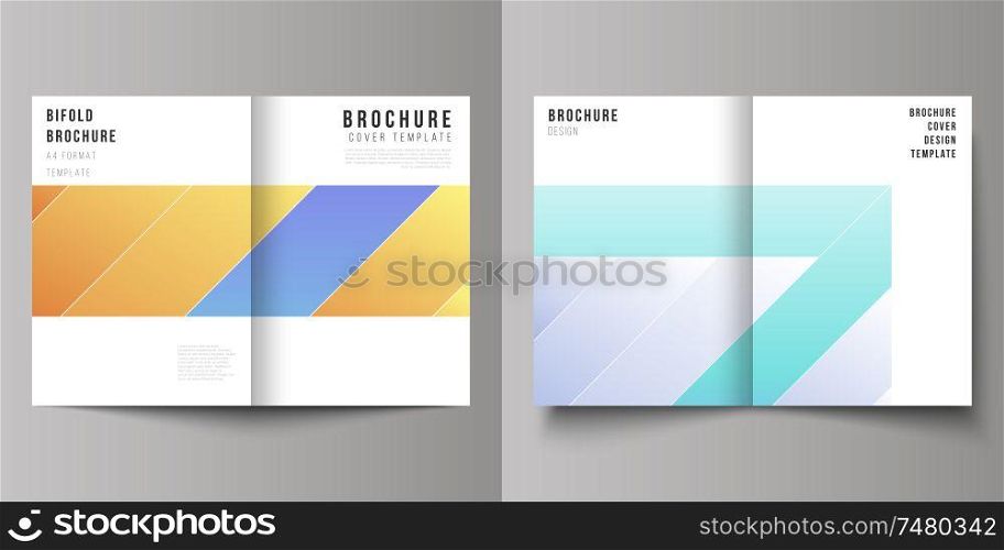The vector layout of two A4 format modern cover mockups design templates for bifold brochure, magazine, flyer, booklet, annual report. Creative modern cover concept, colorful background. The vector layout of two A4 format modern cover mockups design templates for bifold brochure, magazine, flyer, booklet, annual report. Creative modern cover concept, colorful background.