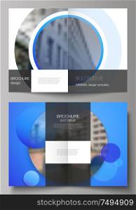 The vector layout of two A4 format modern cover mockups design templates for bifold brochure, magazine, flyer, booklet, annual report. Creative modern blue background with circles and round shapes. The vector layout of two A4 format modern cover mockups design templates for bifold brochure, magazine, flyer, booklet, annual report. Creative modern blue background with circles and round shapes.
