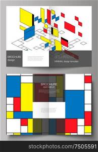 The vector layout of two A4 format modern cover mockups design templates for bifold brochure, magazine, flyer. Abstract polygonal background, colorful mosaic pattern, retro bauhaus de stijl design. The vector layout of two A4 format modern cover mockups design templates for bifold brochure, magazine, flyer. Abstract polygonal background, colorful mosaic pattern, retro bauhaus de stijl design.