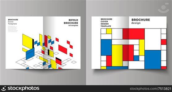 The vector layout of two A4 format modern cover mockups design templates for bifold brochure, magazine, flyer. Abstract polygonal background, colorful mosaic pattern, retro bauhaus de stijl design. The vector layout of two A4 format modern cover mockups design templates for bifold brochure, magazine, flyer. Abstract polygonal background, colorful mosaic pattern, retro bauhaus de stijl design.