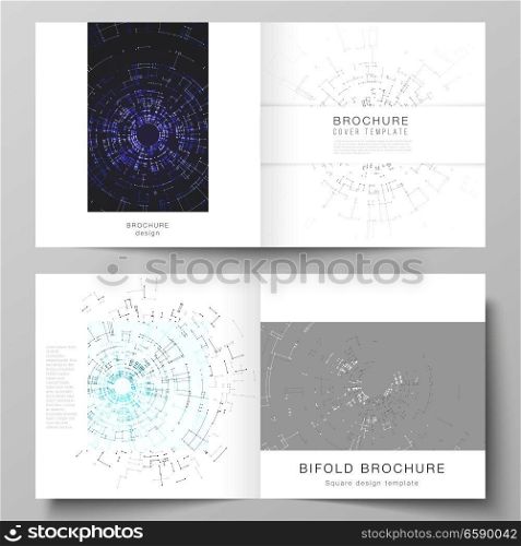 The vector layout of two cover templates for square design bifold brochure, magazine, flyer, booklet. Network connection concept with connecting lines and dots. Technology design digitalbackground.. The vector layout of two cover templates for square design bifold brochure, magazine, flyer, booklet. Network connection concept with connecting lines and dots. Technology design digitalbackground