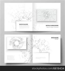 The vector layout of two cover templates for square design bifold brochure, magazine, flyer, booklet. Network connection concept with connecting lines and dots. Technology design digitalbackground.. The vector layout of two cover templates for square design bifold brochure, magazine, flyer, booklet. Network connection concept with connecting lines and dots. Technology design digitalbackground