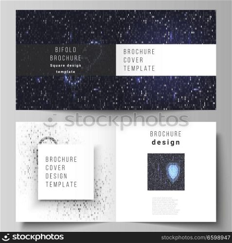 The vector layout of two covers templates for square design bifold brochure, magazine, flyer, booklet. Binary code background. AI, big data, coding or hacker concept, digital technology background. The vector layout of two covers templates for square design bifold brochure, magazine, flyer, booklet. Binary code background. AI, big data, coding or hacker concept, digital technology background.